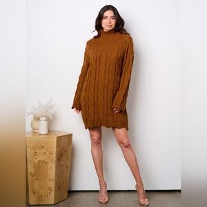 011. WOMEN'S LONG SLEEVE TURTLE NECK KNIT SWEATER MINI DRESS